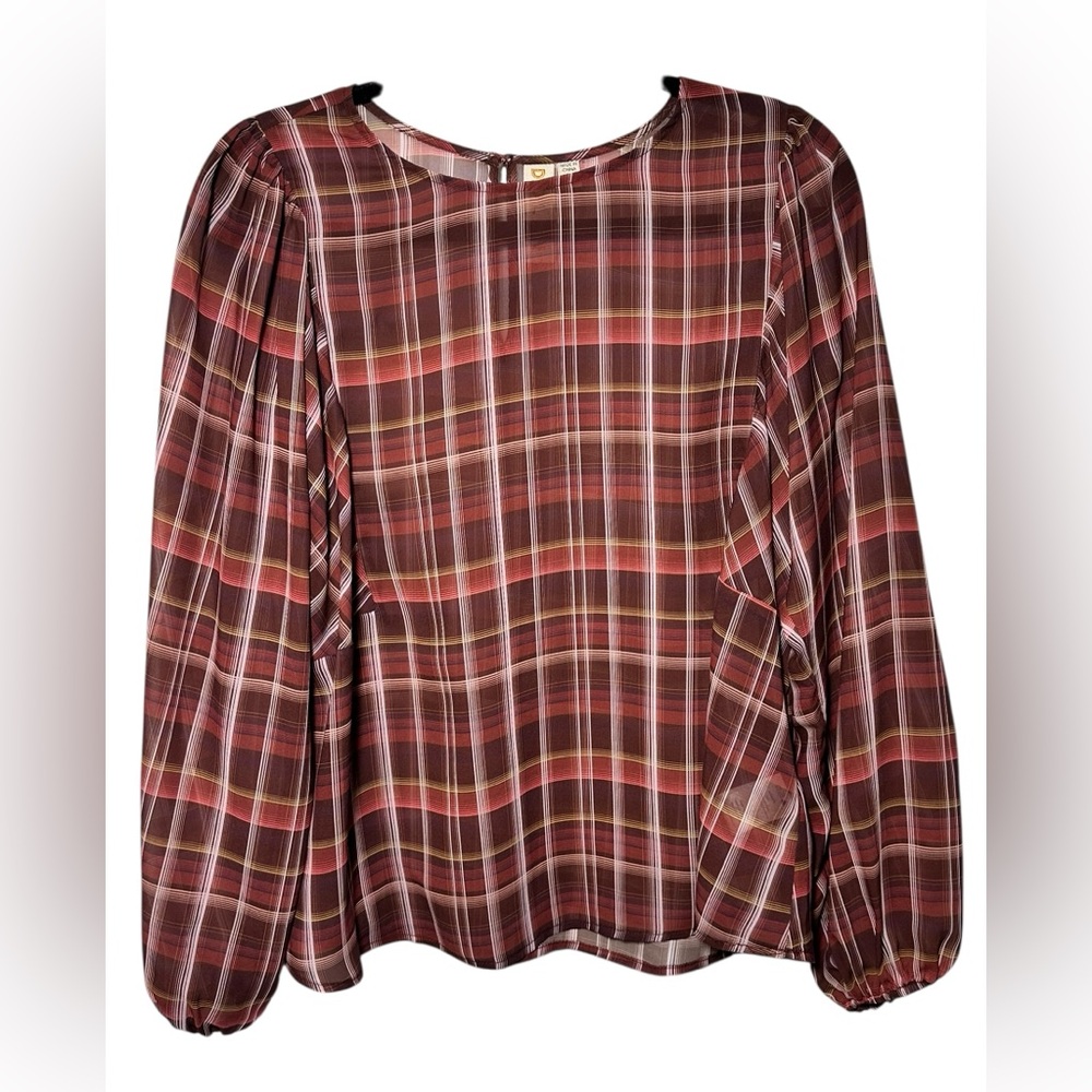 Dolan Brown and White Long Sleeve Blouse Size Small Sheer Puff‎ Sleeves Plaid
